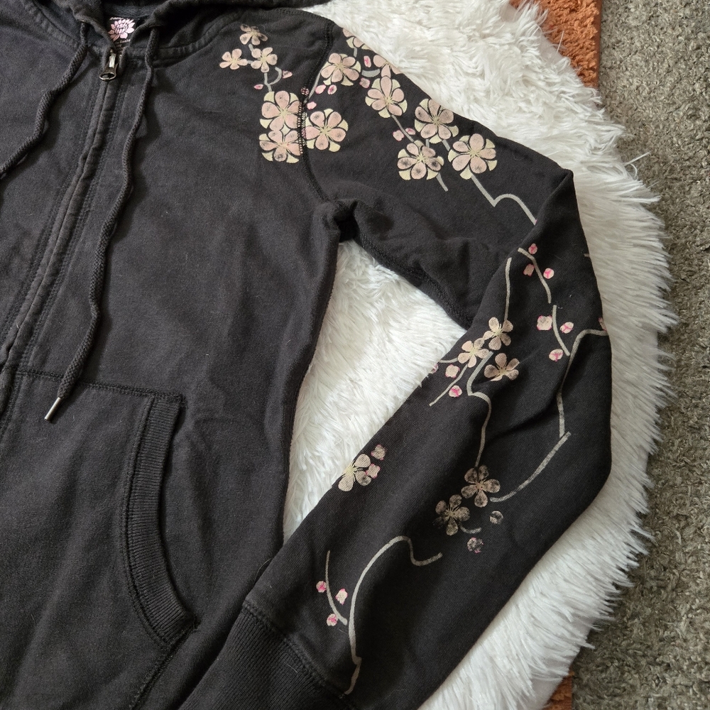Lucky Brand Zip Up Hooded Sweatshirt Dark Gray Cherry Blossom XS - Picture 3 of 13
